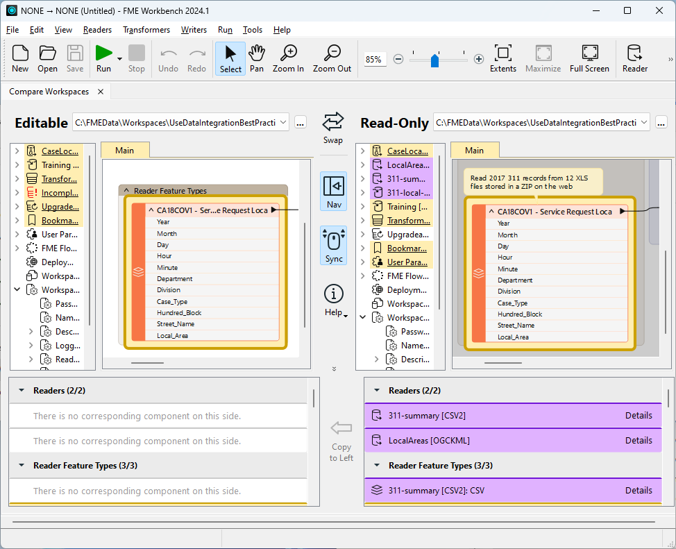 Compare Workspaces open